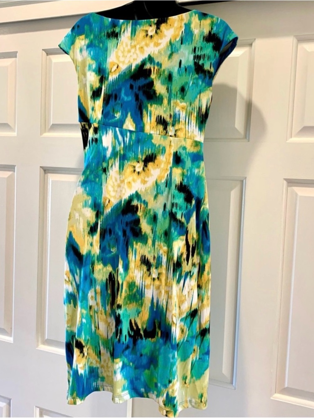 connected apparel Teal Blue Aqua Multi-Print Cowl Sheath Dress - Picture 4 of 5
